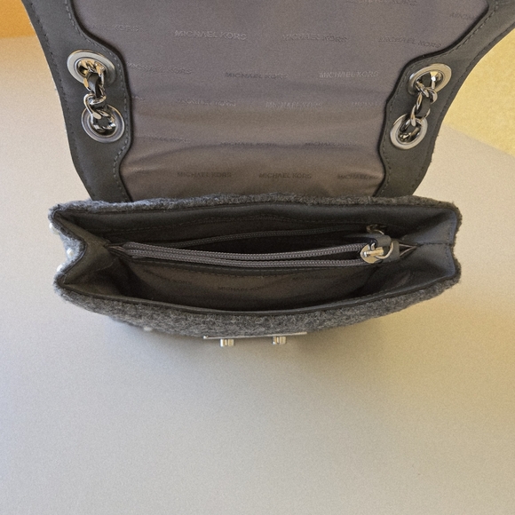 Michael Kors Sloan Small Quilted Wool Felt Pearl Embellished Chain Shoulder Bag - Picture 12 of 16